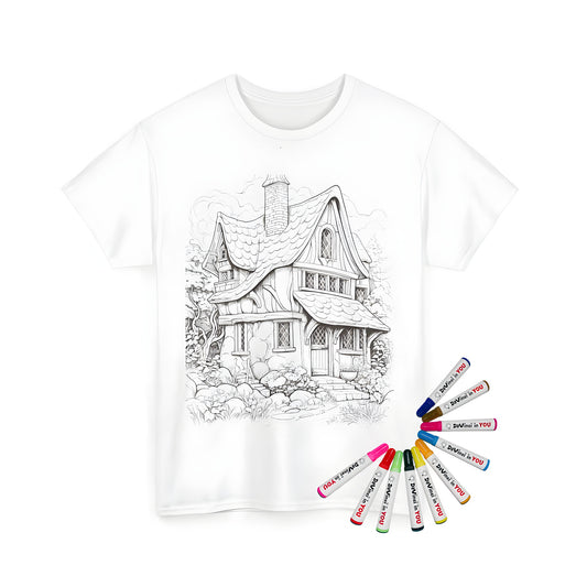 Cozy cottage design on unisex t-shirt with fabric markers