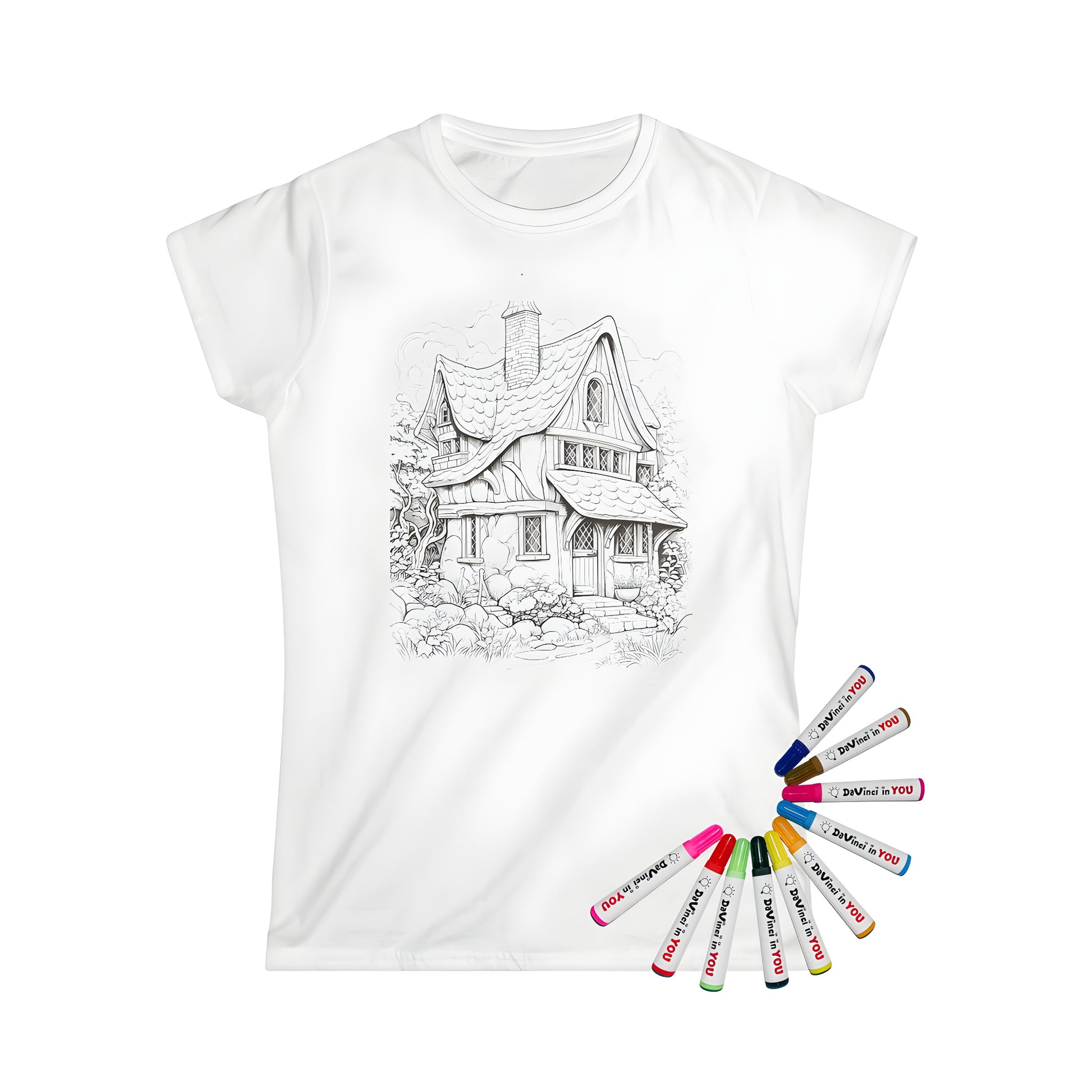 Women's t-shirt with a beautiful countryside scene, featuring a charming cottage style drawing on a soft black and white background.