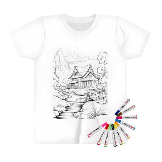 Countryside house themed kid's t-shirt coloring kit with fabric markers