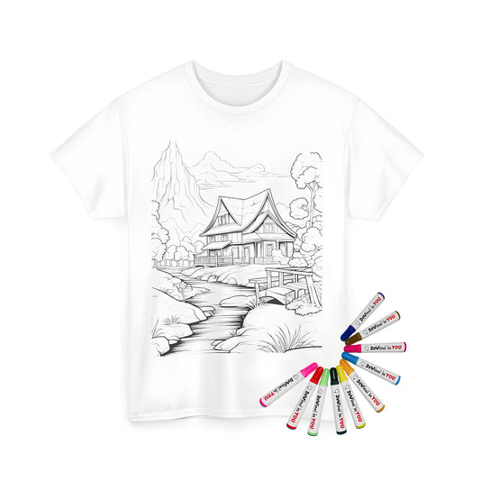 Relaxing countryside scene printed on a comfortable unisex t-shirt featuring a detailed coloring page of a house by a stream, wooden bridge, and mountains