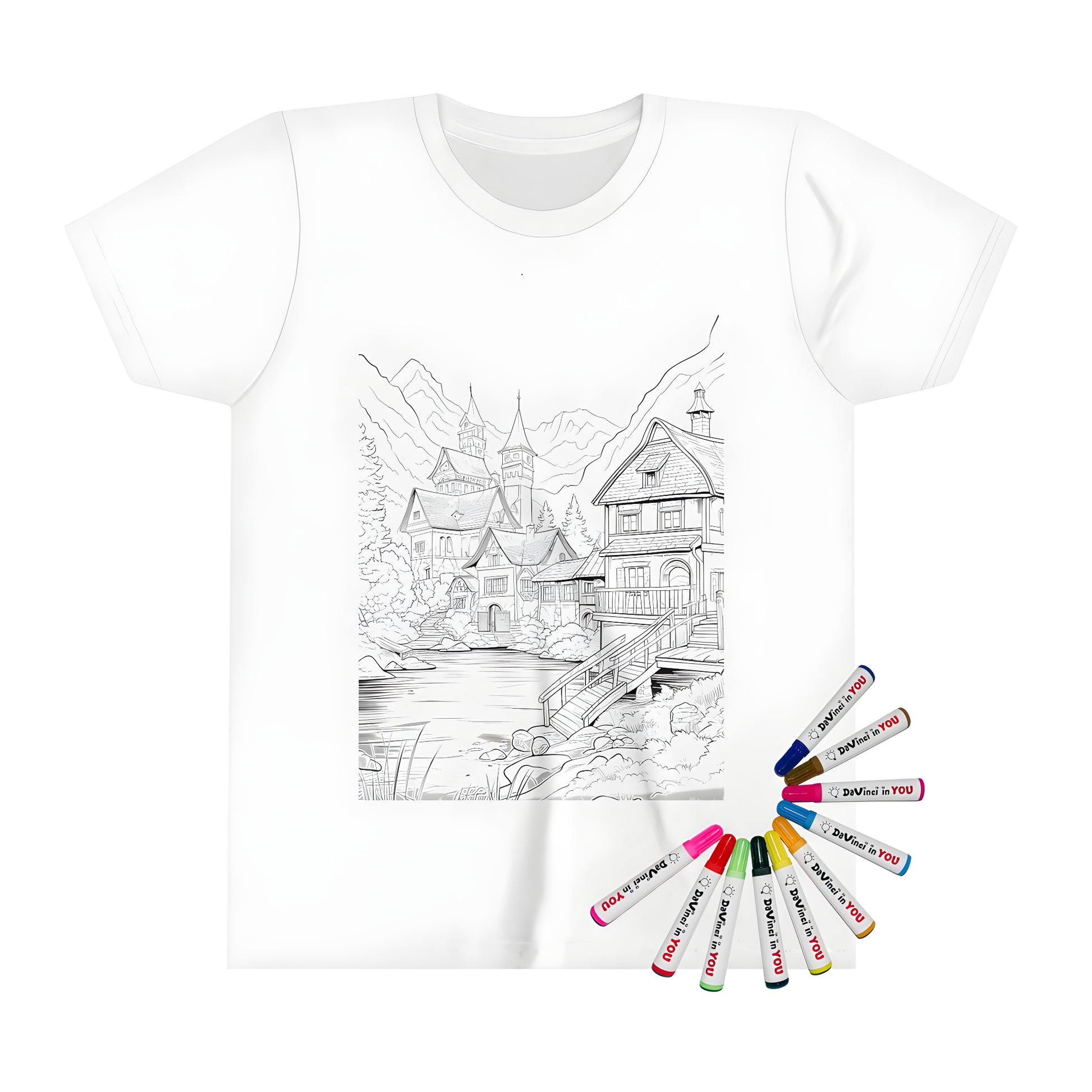 Coloring kit for kids featuring a detailed line drawing of a serene village scene on a kid's t-shirt