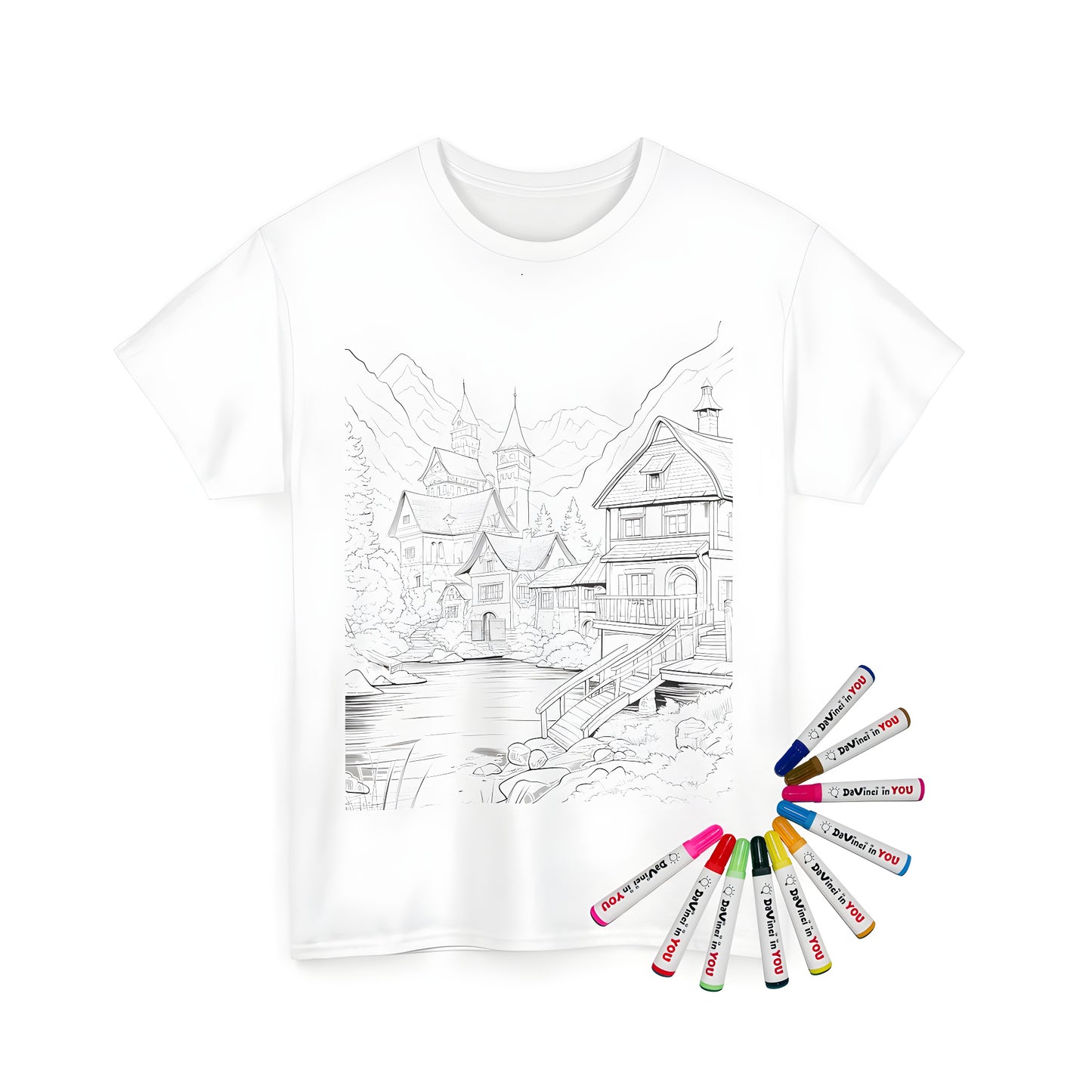 A serene mountain village themed unisex t-shirt illustration on a coloring page design