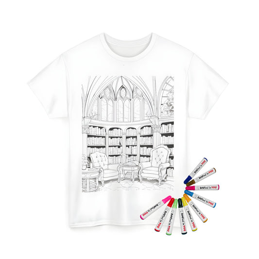 A detailed illustration of a vintage study library interior featuring shelves filled with books, armchairs, a table, and arched stained glass windows printed on a high-quality Unisex T-shirt.