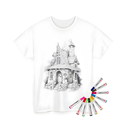 Unisex T-shirt featuring a whimsical black and white sketch of a stone cottage with chimneys, ivy, and wooden doors, perfect for a coloring page design