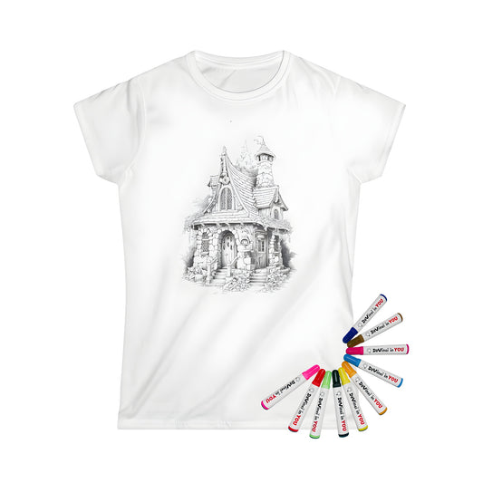 Women's T-shirt featuring a whimsical stone cottage design with chimneys and wooden doors, perfect for fans of fantasy and fairy tale enthusiasts