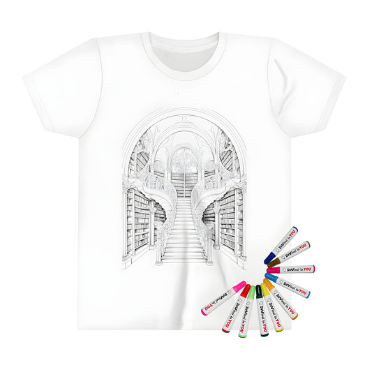 Kid's T-shirt with colorful Grand Library scene, featuring an ornate staircase and bookshelves