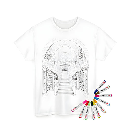 A detailed grand staircase library illustration on a high-quality unisex t-shirt