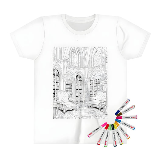 Coloring page inspired kid's t-shirt with a detailed library scene featuring gothic architecture