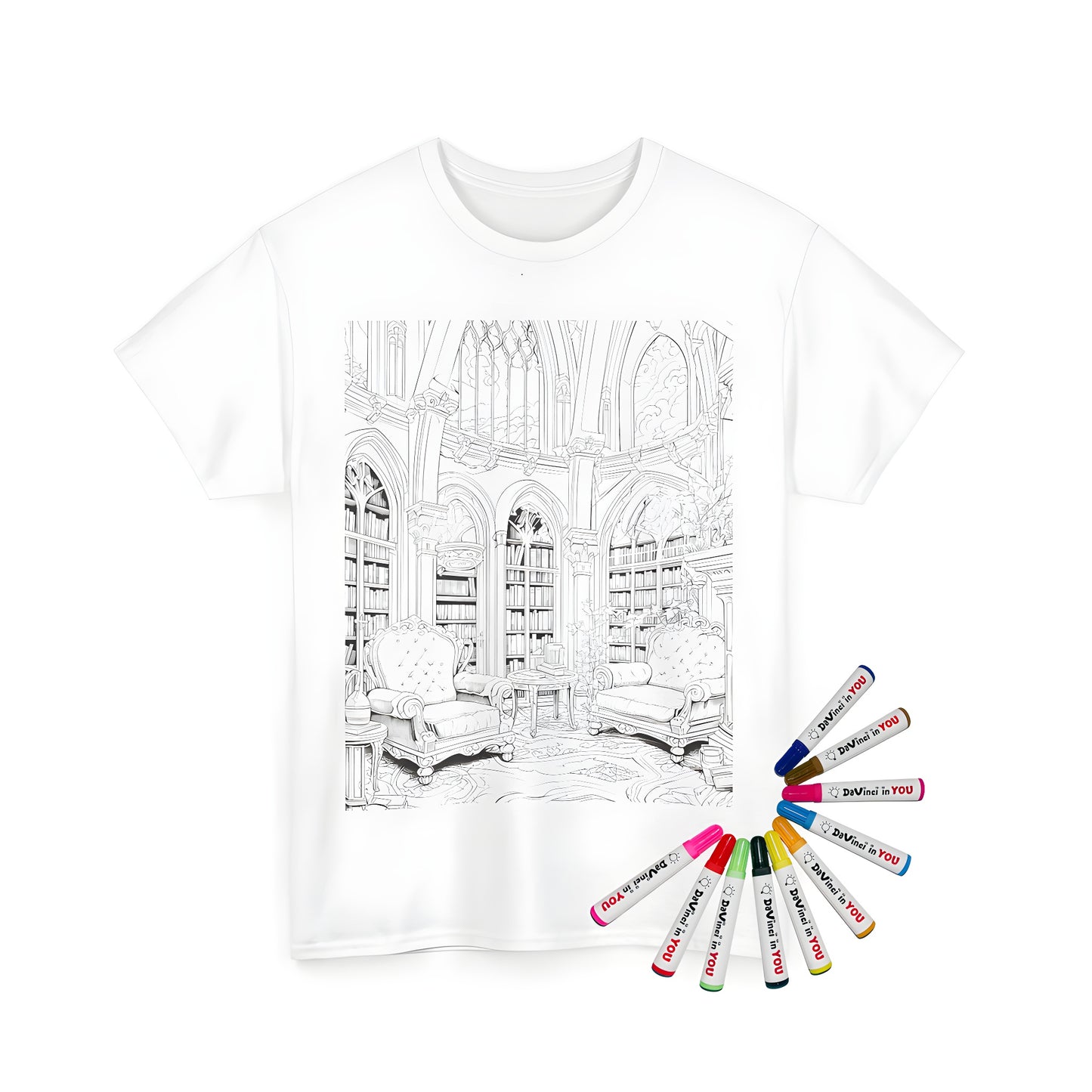 Unisex T-shirt with library inspired coloring page design featuring gothic architecture and vibrant details.