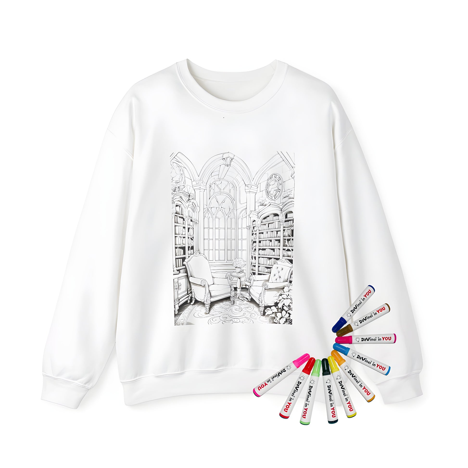 Adult sweatshirt featuring an ornate library interior illustration with detailed bookshelves, armchairs, plants, and arched windows - study room decor