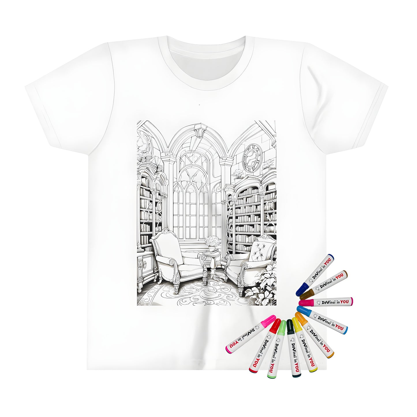 Coloring page style kid's t-shirt featuring an illustration of a library or study room with bookshelves, armchairs, and arched windows