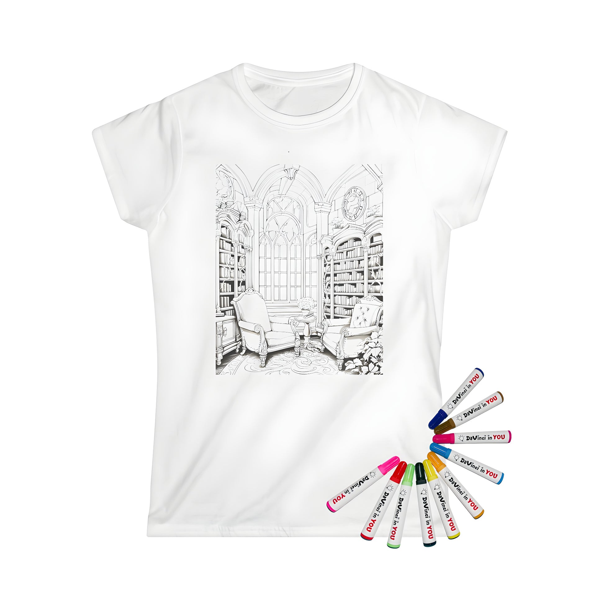 Women's T-shirt featuring colorful library design with books, chairs, and plants