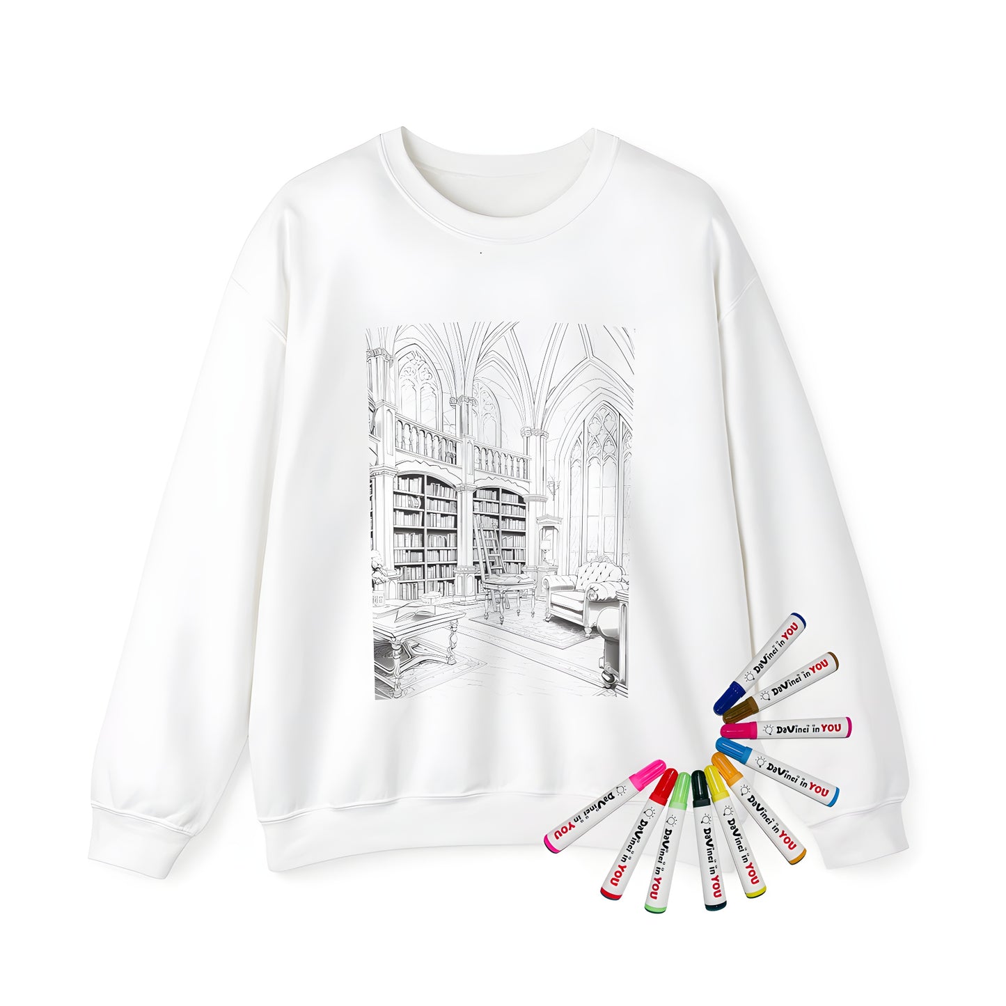 Adult sweatshirt featuring a vintage library-inspired design with tall bookshelves, ladder, and classic furniture