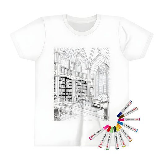 Vintage library-inspired coloring shirt for kids featuring detailed line drawings of classic furniture and tall bookshelves.