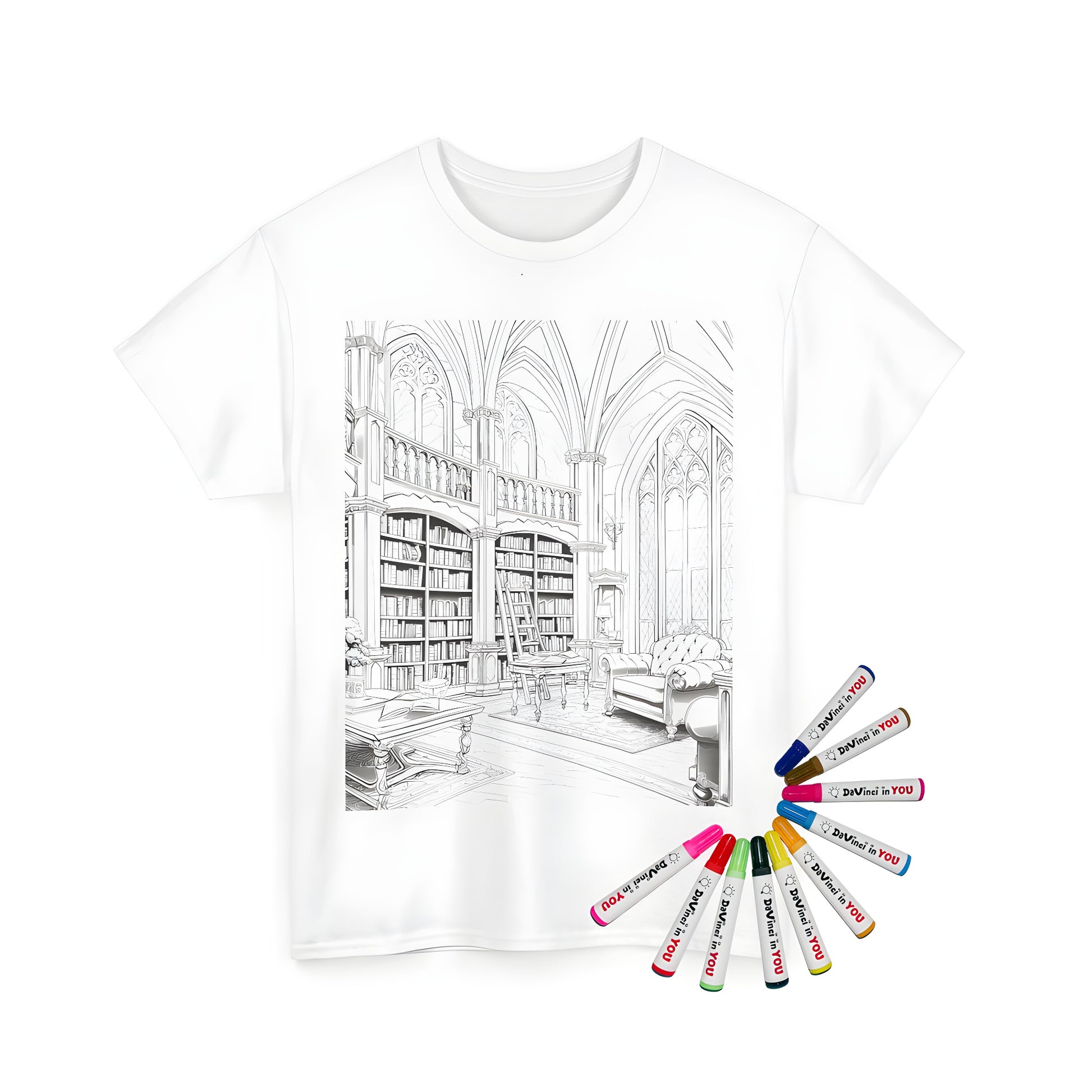 Unisex T-Shirt featuring a detailed line drawing of a vintage library, antique furniture, and classic bookshelves