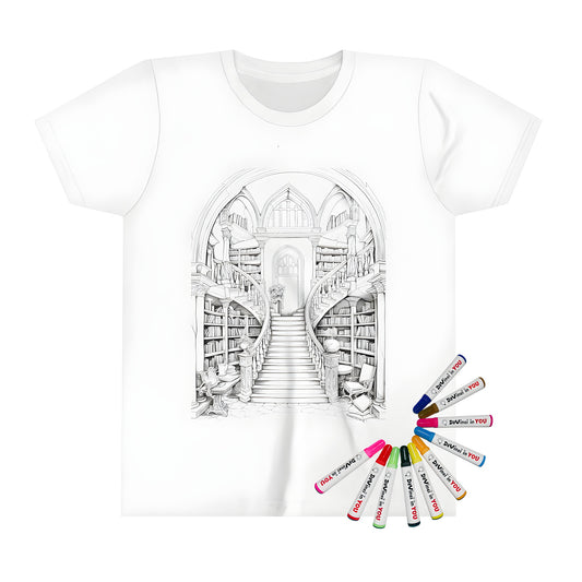 Coloring kit for kid's t-shirts featuring a grand library interior design, with vibrant fabric markers