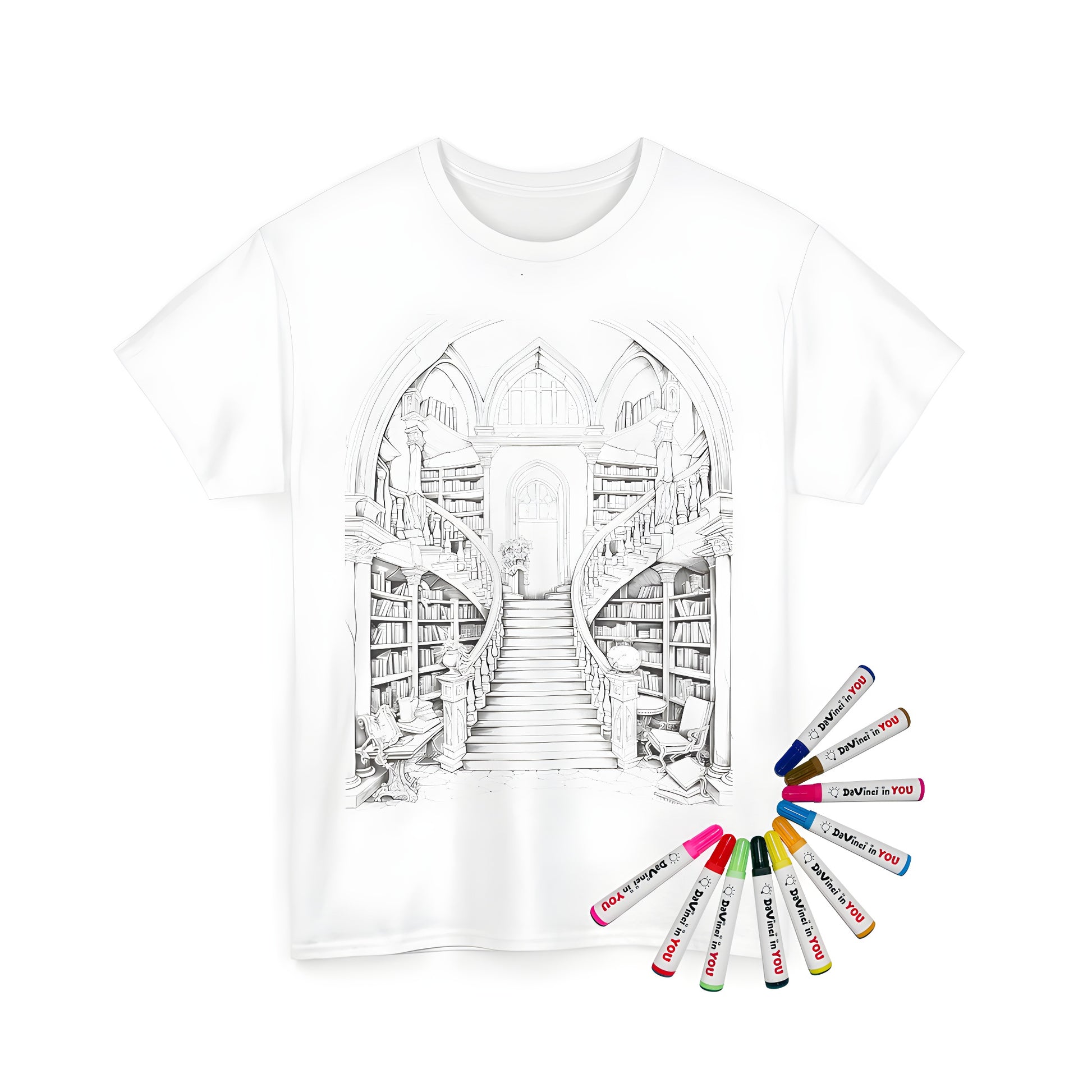 A vibrant Unisex T-shirt featuring a colorful grand library interior design with intricate details and motifs