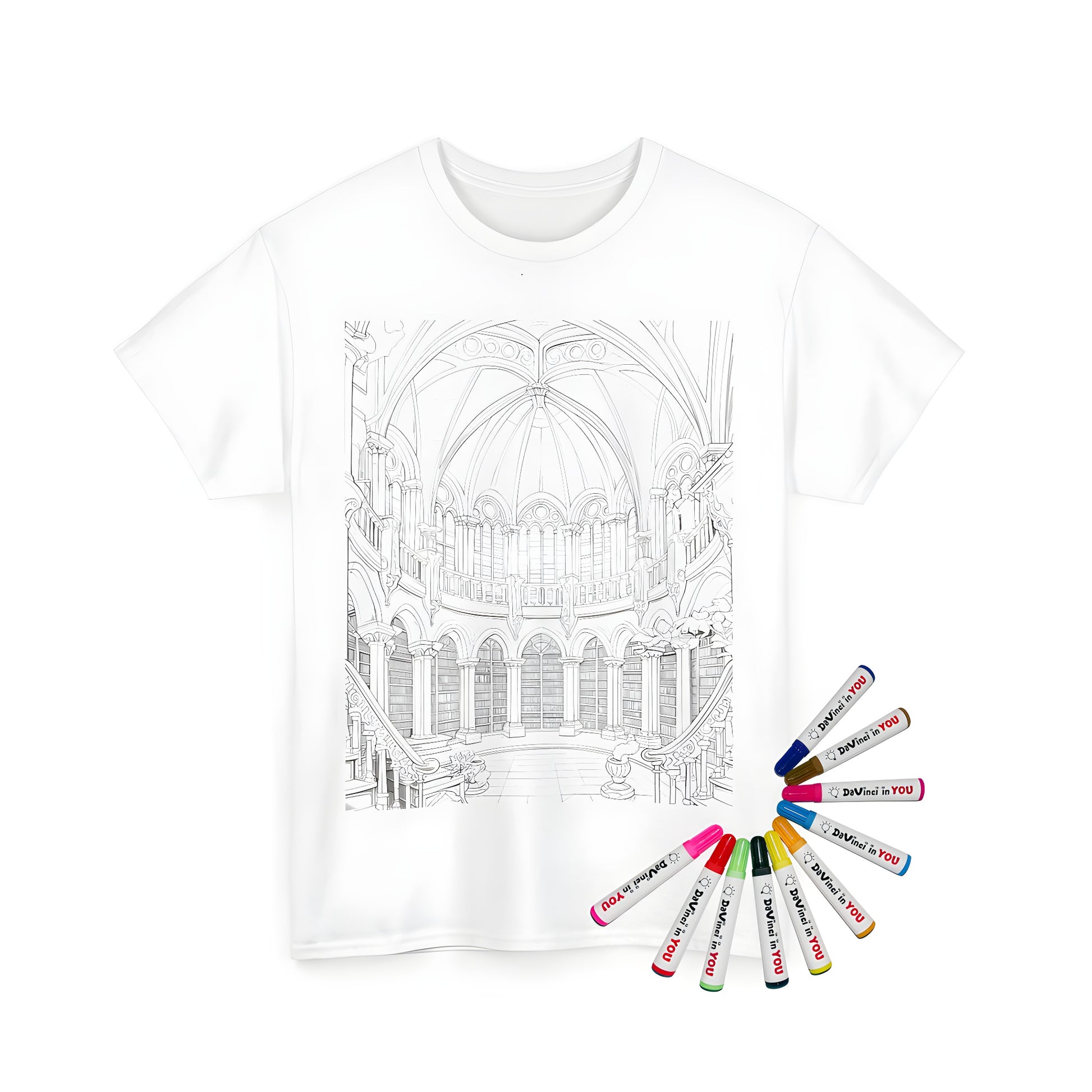 Coloring kit t-shirt with historic library design featuring arched doorways and bookshelves