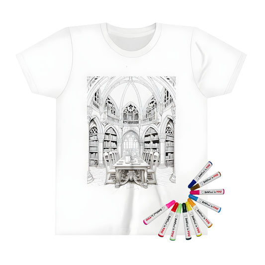 Detailed coloring page of a medieval library on kid's t-shirt