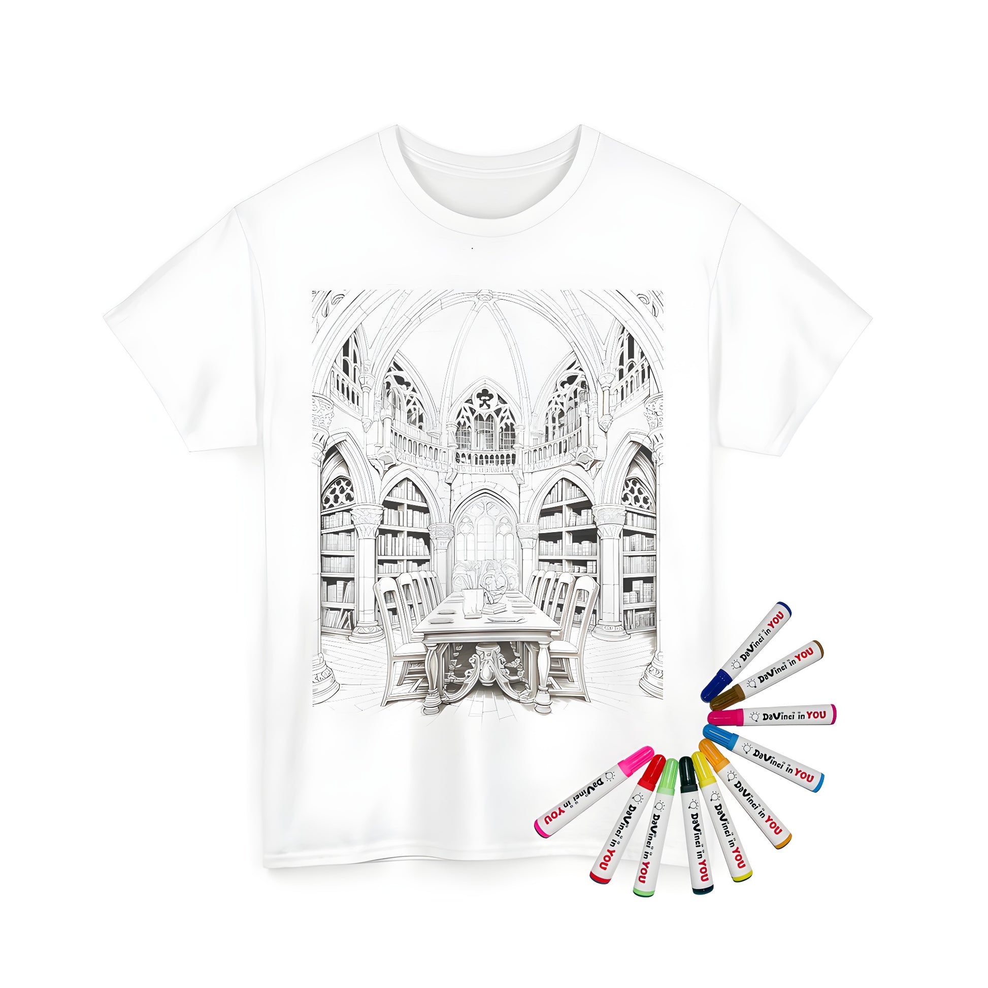 Coloring kit t-shirt with medieval library design for kids or adults