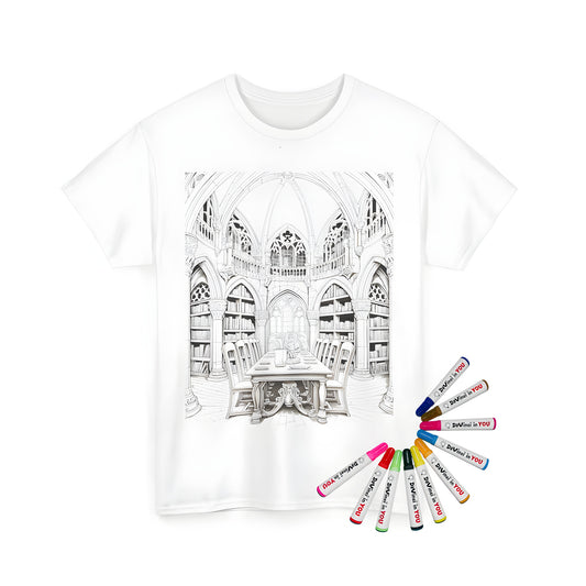 Coloring kit t-shirt with medieval library design for kids or adults