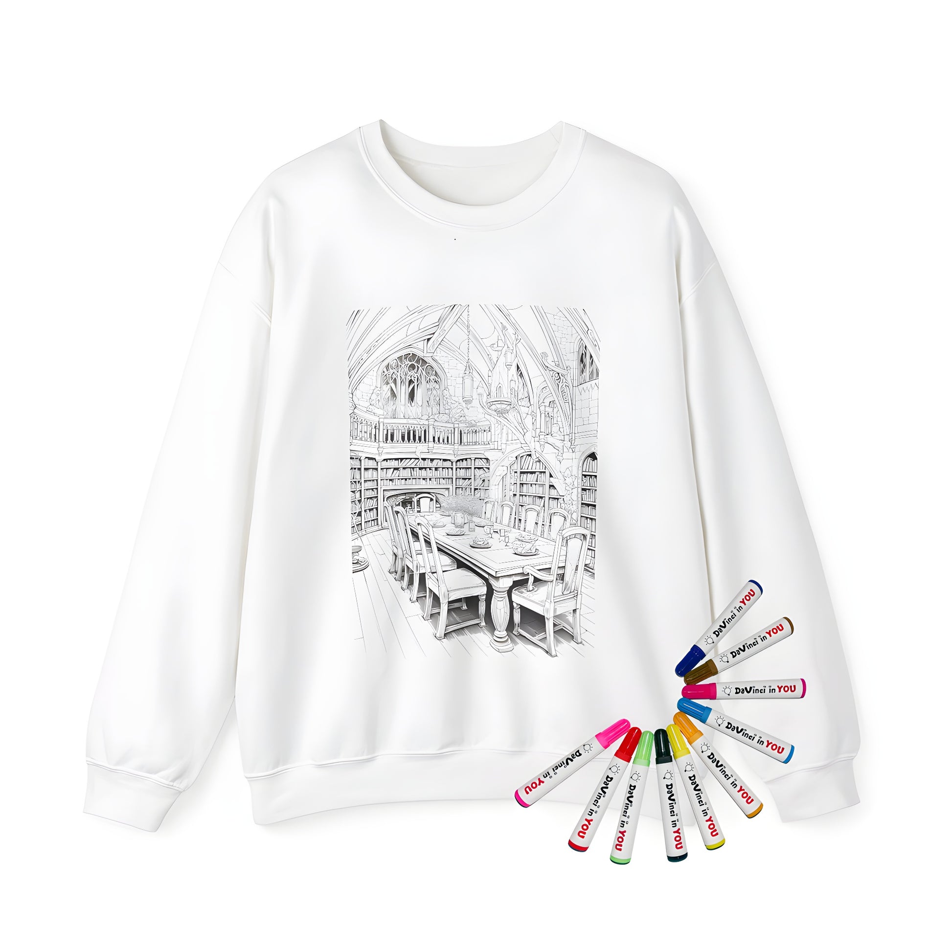 Adult sweatshirt featuring intricate medieval dining room library artwork with grand table, chairs, and bookshelves