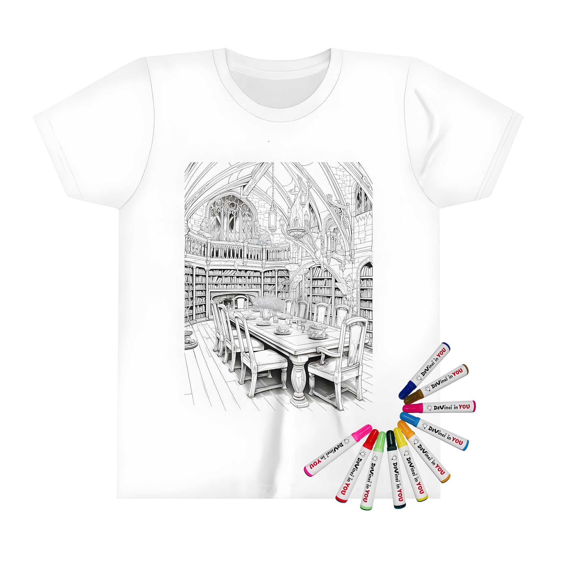 Intricately detailed medieval study library print on kids t-shirt