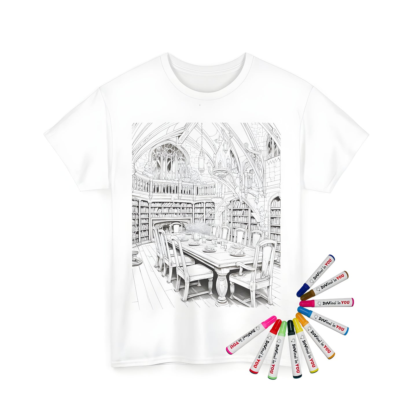 Intricately detailed medieval study, library, or parlor interior design on a high-quality unisex t-shirt