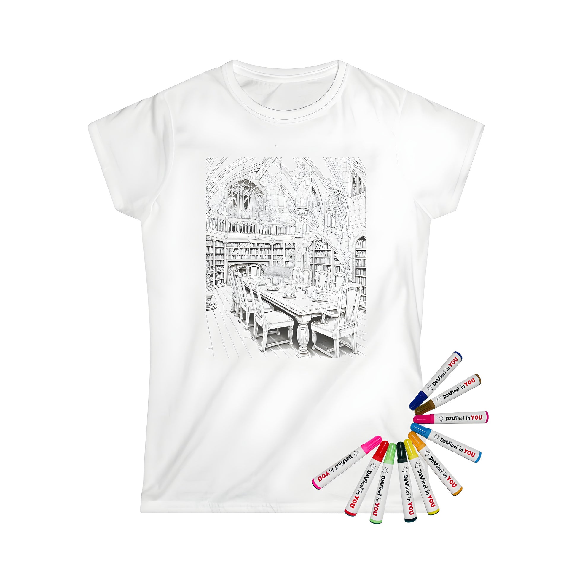 Women's coloring t-shirt with intricately detailed line art of medieval study, library interior, bookshelf decor