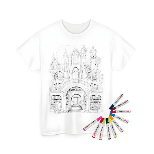 Unisex t-shirt featuring detailed black and white illustration of fantasy castle library design