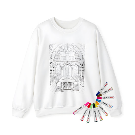 Adult sweatshirt featuring a detailed line drawing of a library with a dining table and chairs, high arched ceiling, and numerous bookshelves, perfect for book lovers, intellectuals, and anyone who appreciates a cozy study atmosphere.