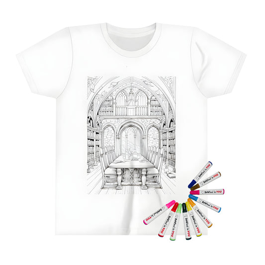 A colorful kid's t-shirt featuring a detailed line drawing of a library with a dining table and chairs, high arched ceiling, and numerous bookshelves.