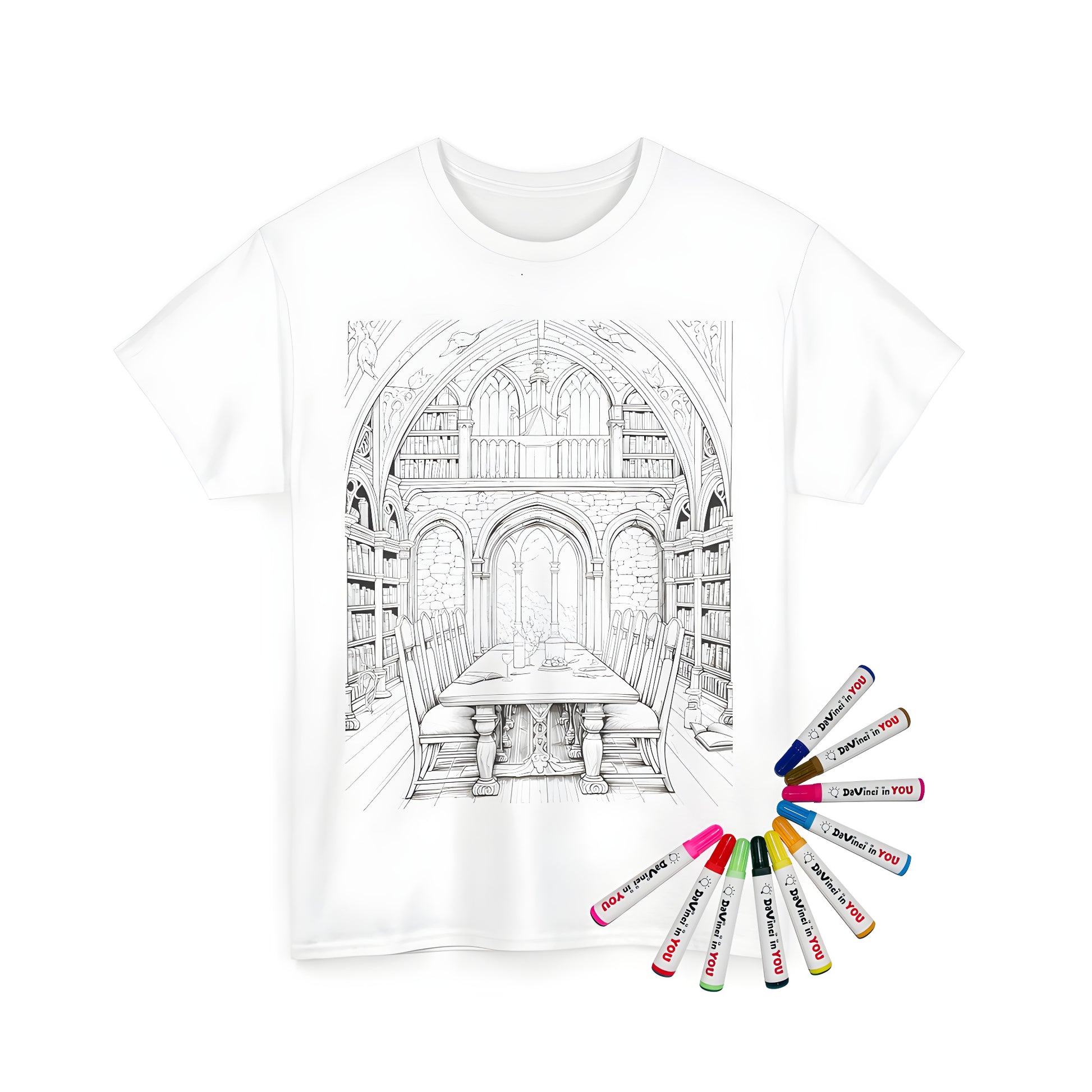 A colorful unisex t-shirt featuring a detailed line drawing of a library interior, complete with a dining table and chairs, high arched ceiling, and numerous bookshelves, designed for coloring with fabric markers.