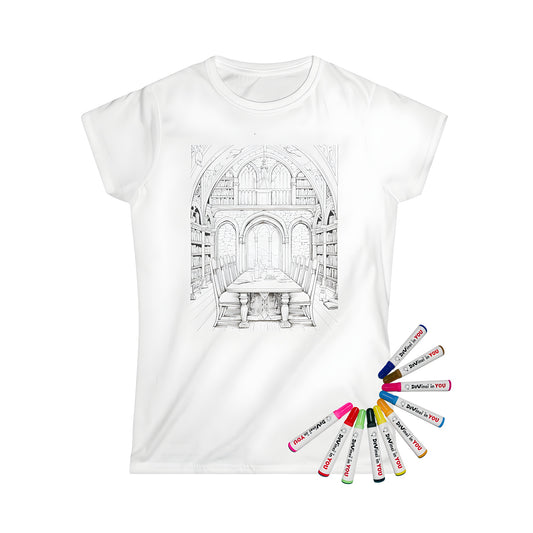 Women's coloring shirt with library theme featuring a detailed line drawing of a dining table and chairs, high ceiling, and bookshelves