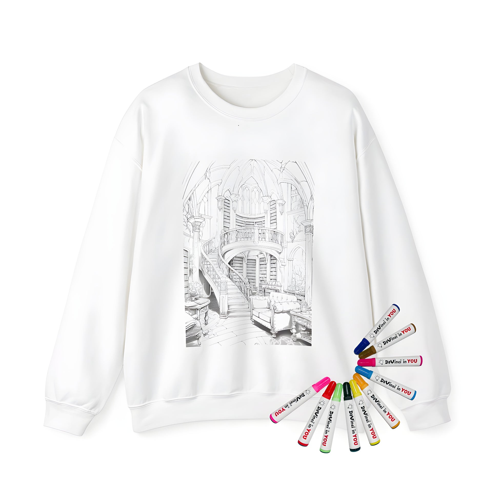 Adult sweatshirt featuring intricate drawing of fantasy library staircase bookshelves and furniture