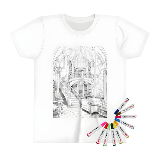 Intricate fantasy library-themed t-shirt for kids, featuring a detailed grand staircase and bookshelves