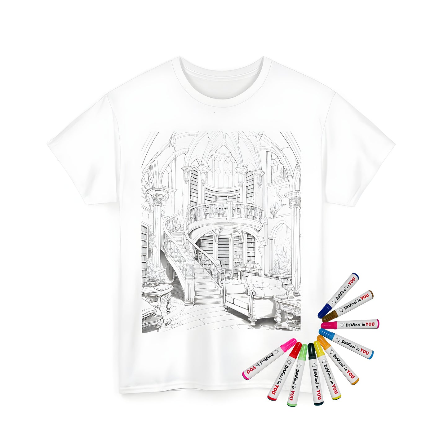 Enchanting fantasy library design on a unisex t-shirt featuring intricate details and rich colors