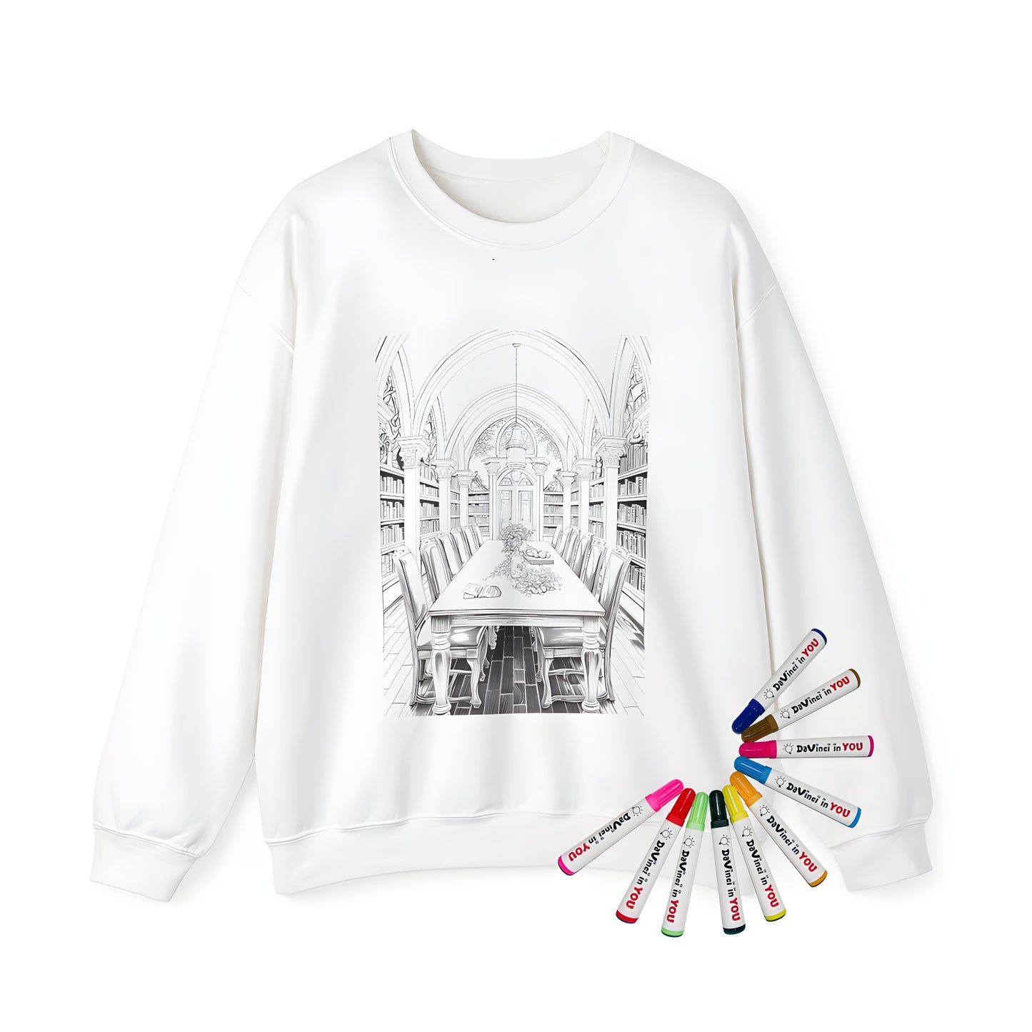 Adult sweatshirt featuring intricate medieval library design with wooden table, chairs, and bookshelves