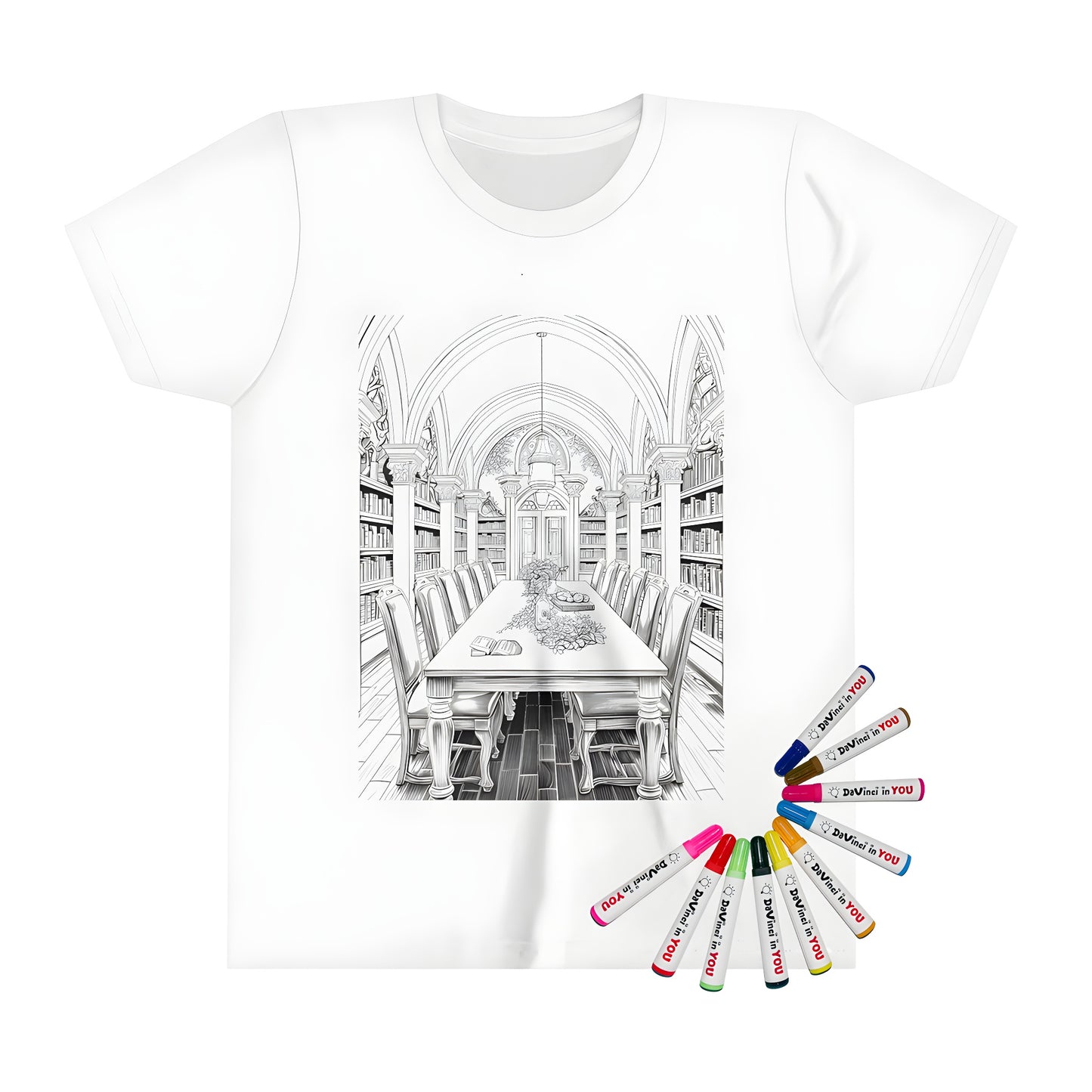 Colorful medieval library themed kids t-shirt for boys and girls