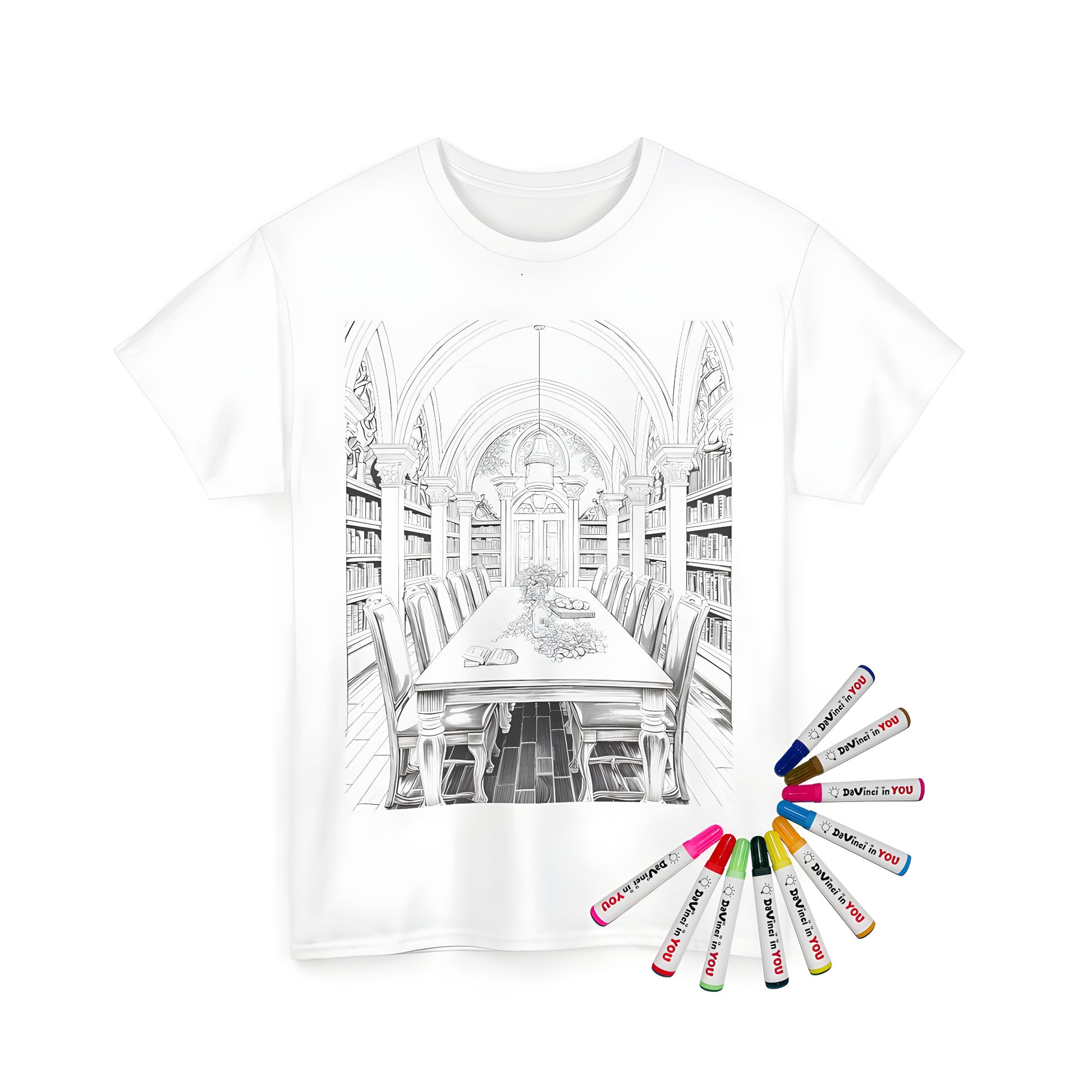 Unisex t-shirt featuring a medieval library design with a detailed coloring page print of a large wooden table, multiple chairs, and rows of bookshelves under intricately designed arches.