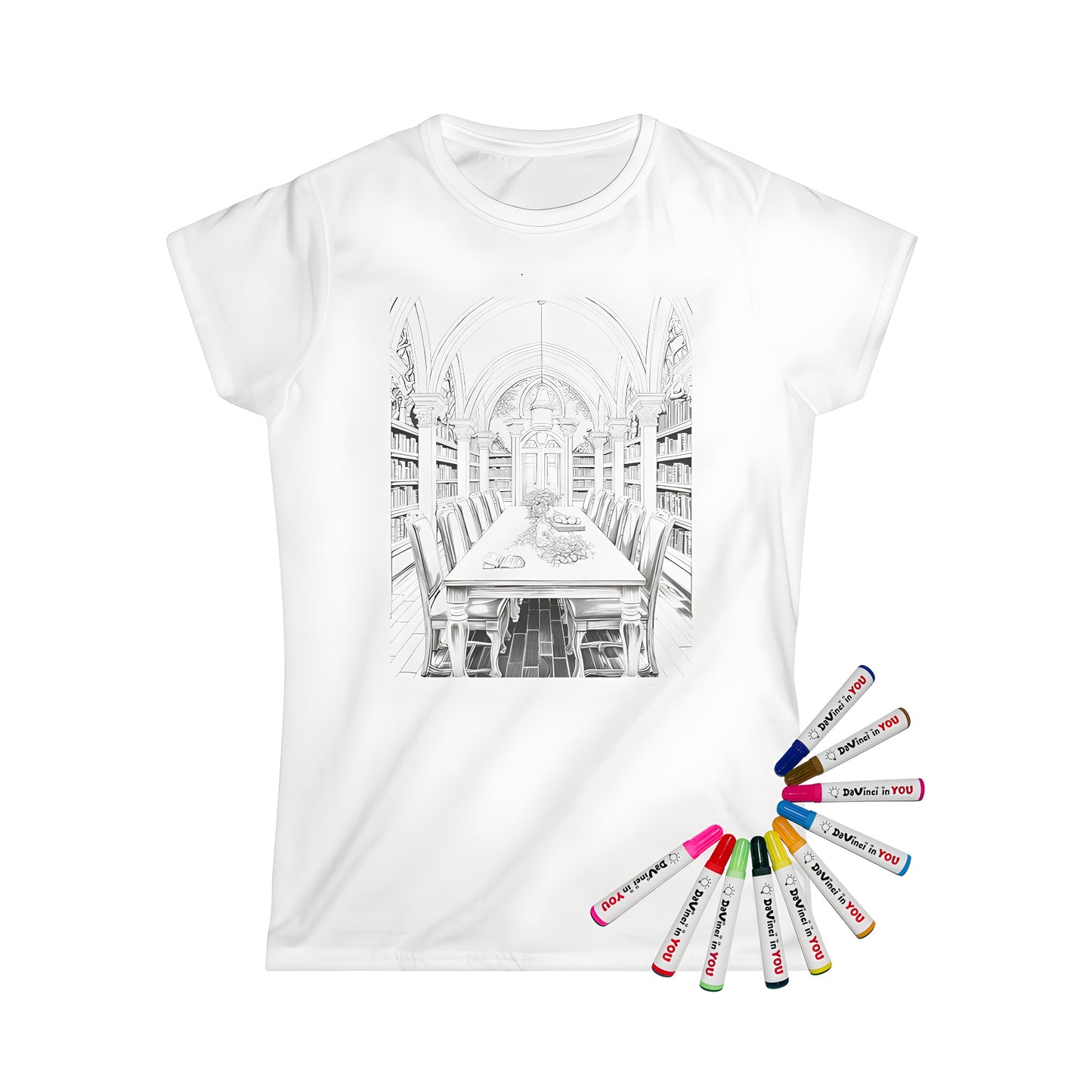 A colorful women's t-shirt featuring a medieval library scene with a wooden table, chairs, and bookshelves under arches