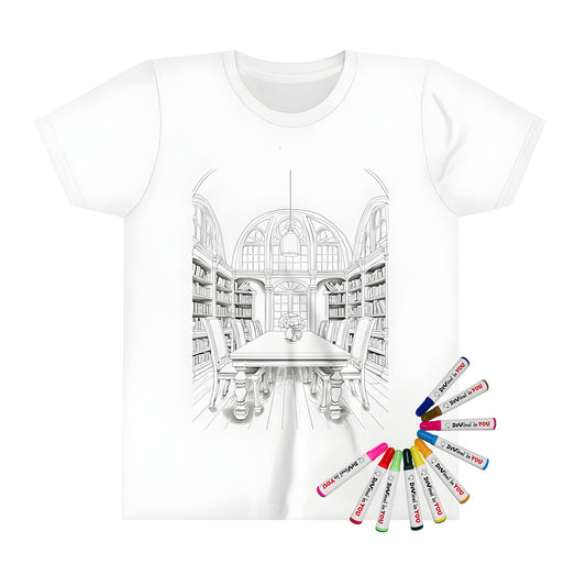 Coloring page shirt for kids with Victorian-era library design and colorful markers