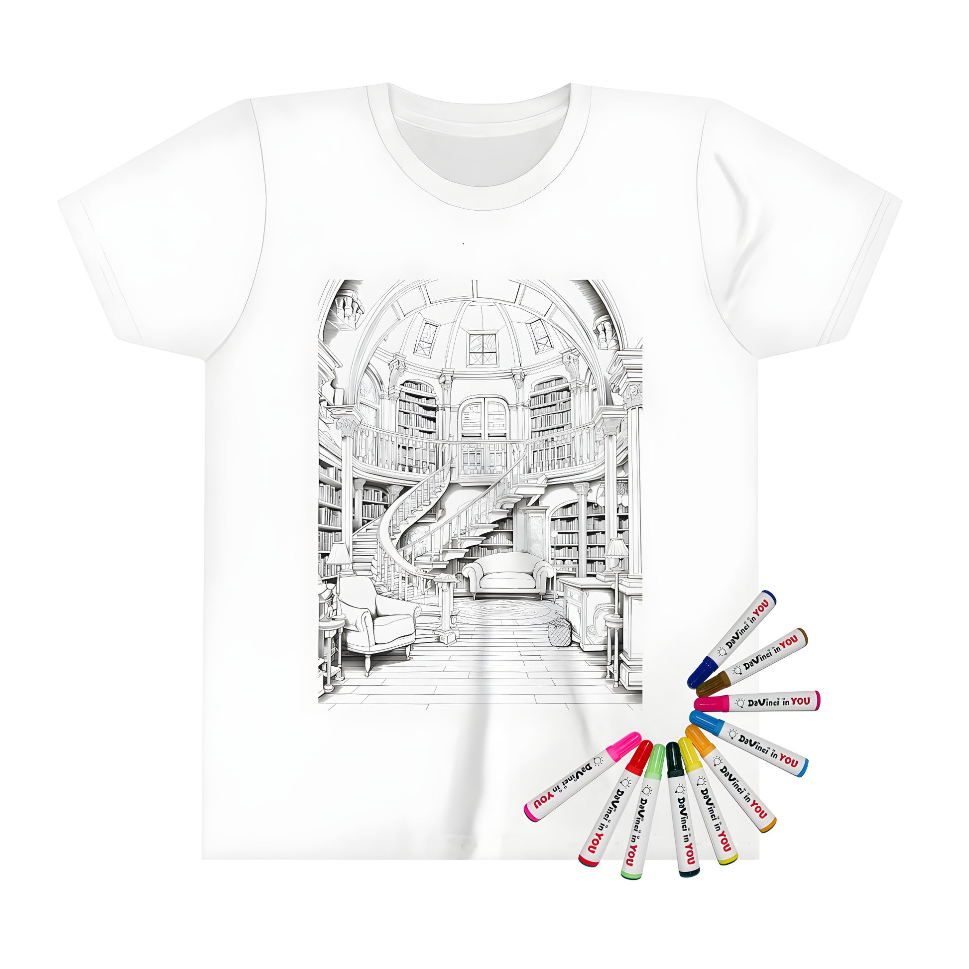 Kid's library-themed t-shirt featuring an intricate bookshelf design with colorful fabric markers for creative expression and learning through coloring activities