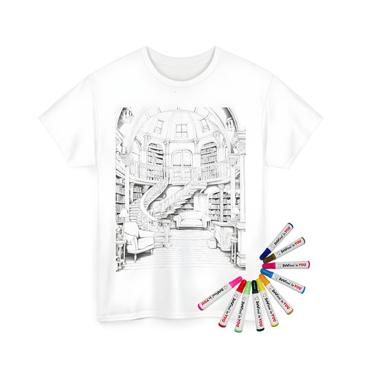 Unisex T-shirt with vibrant coloring page design of library interior scene