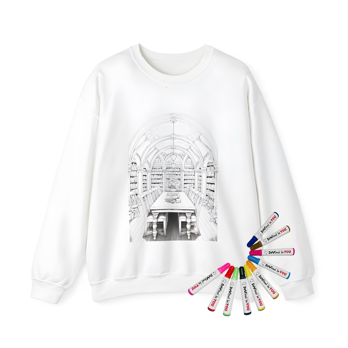 Adult sweatshirt with vibrant library-inspired coloring page design