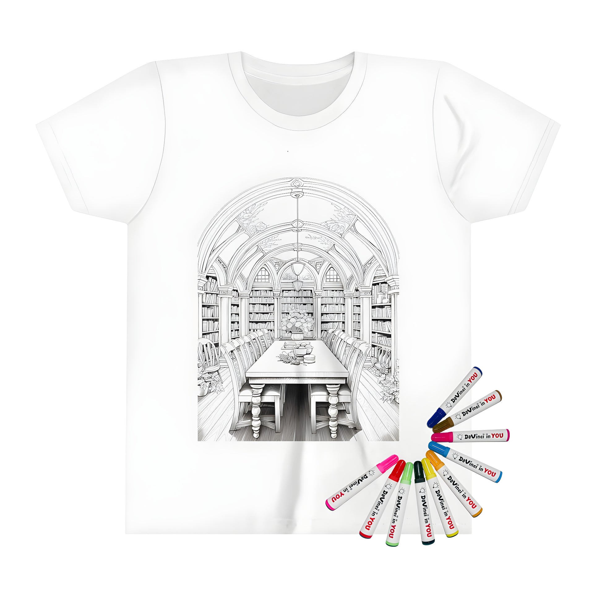 Coloring page design of a kid's library with arched ceiling on a t-shirt. Includes bookshelves and decorative elements