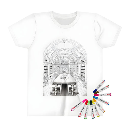 Coloring page design of a kid's library with arched ceiling on a t-shirt. Includes bookshelves and decorative elements