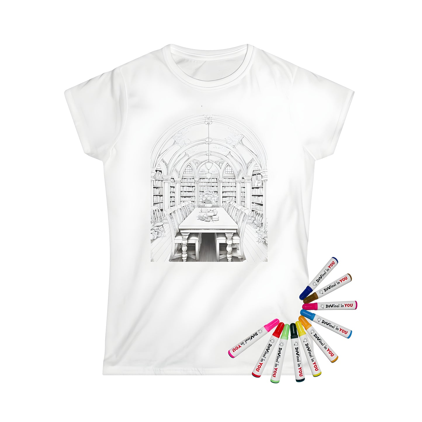 Women's T-shirt featuring a vibrant library illustration with arched ceiling, bookshelves, and decorative elements. Perfect for book lovers and fans of educational settings. Including fabric markers for a unique coloring experience