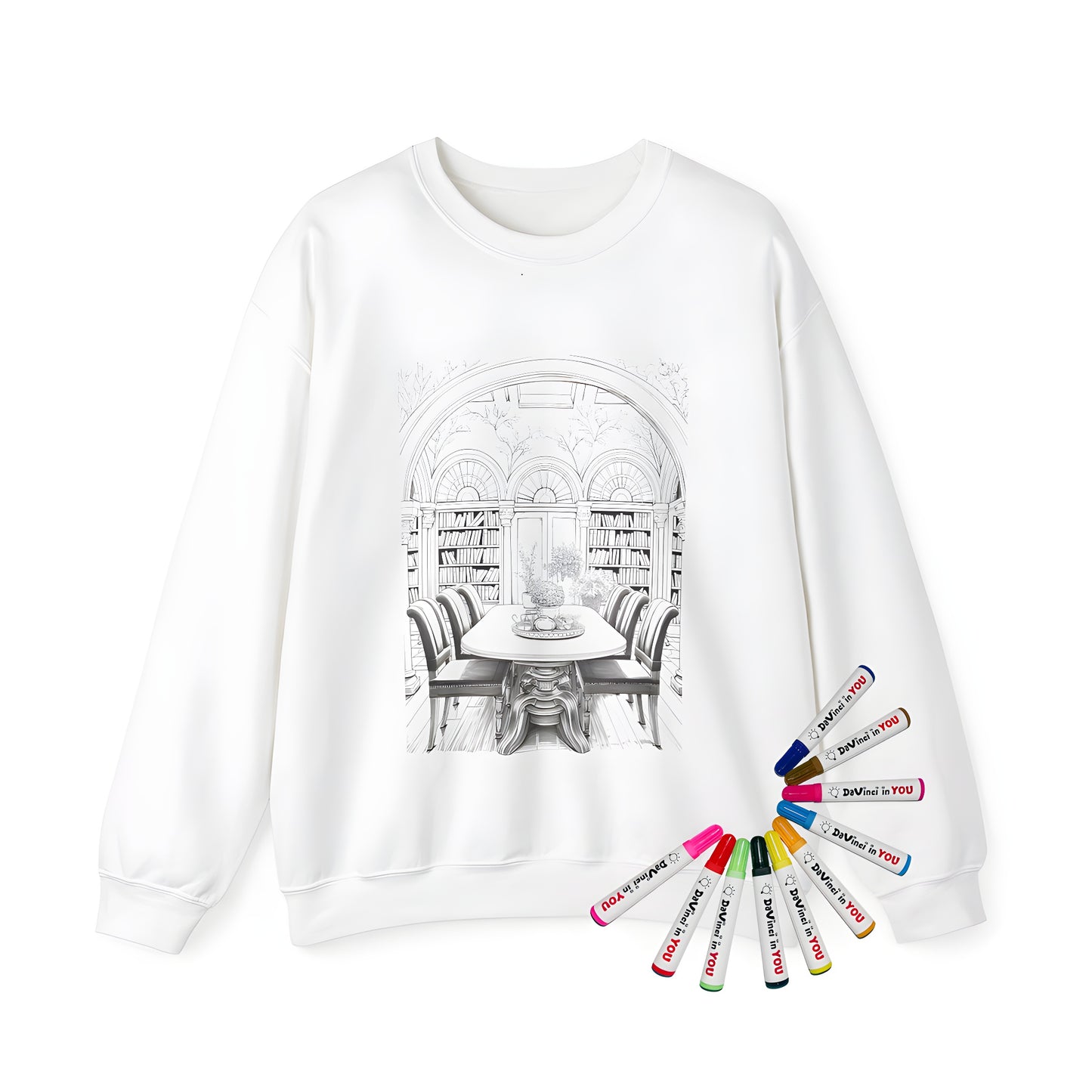 Adult sweatshirt coloring kit artwork on interior scene design with colorful markers