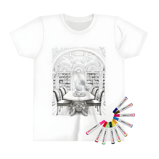 Kid's coloring t-shirt with interior scene design featuring library room illustration and vibrant fabric markers